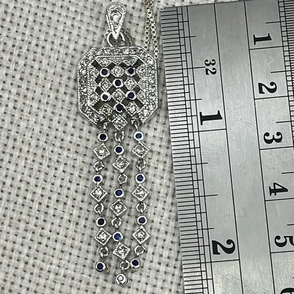 Technibond Platinum Sterling Silver & Blue Sapphire CZ Pendant Necklace - Picture 17 of 17